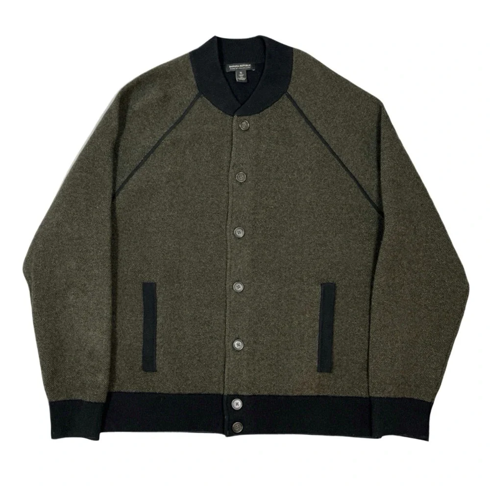 Banana Republic Mens XL Wool Birdseye Bomber Sweater Jacket Dark Gray Buttons